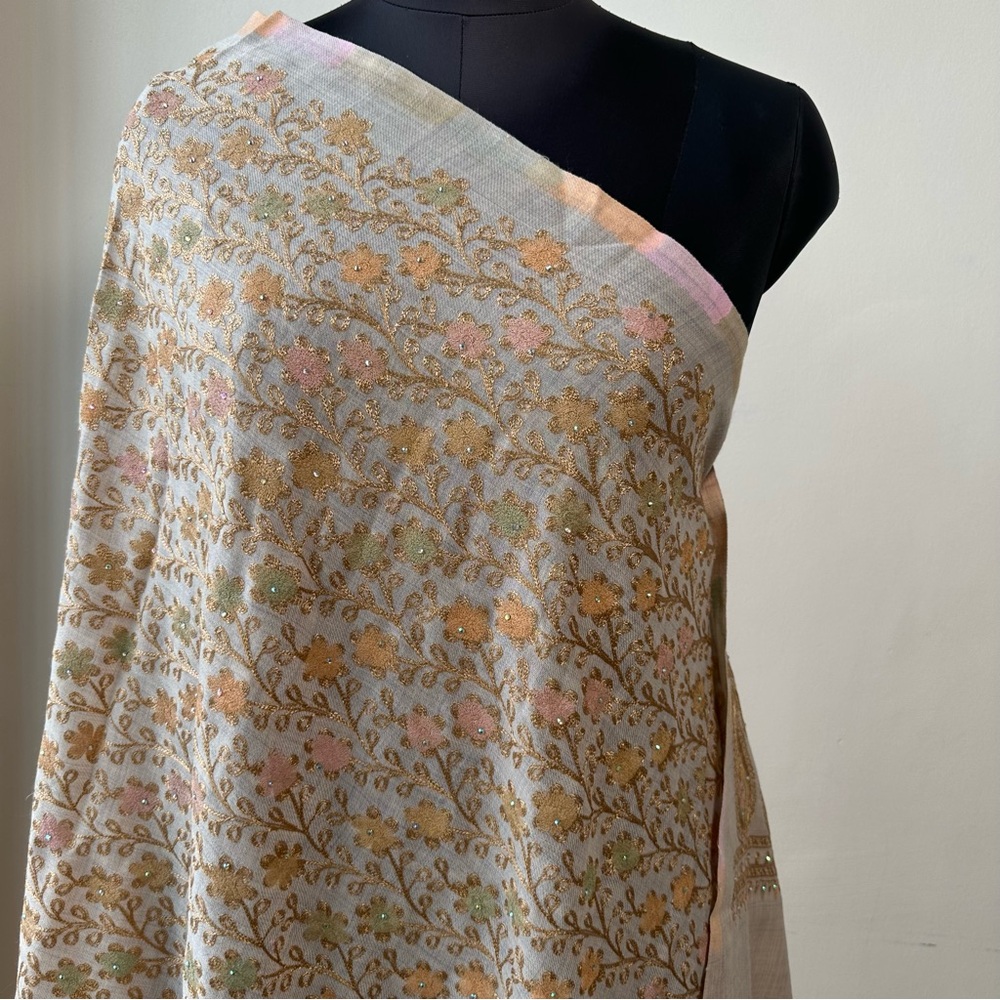 Cream Pure Pashmina Shawl Wrap Scarf | Fully Embroidered Floral Design | Luxury